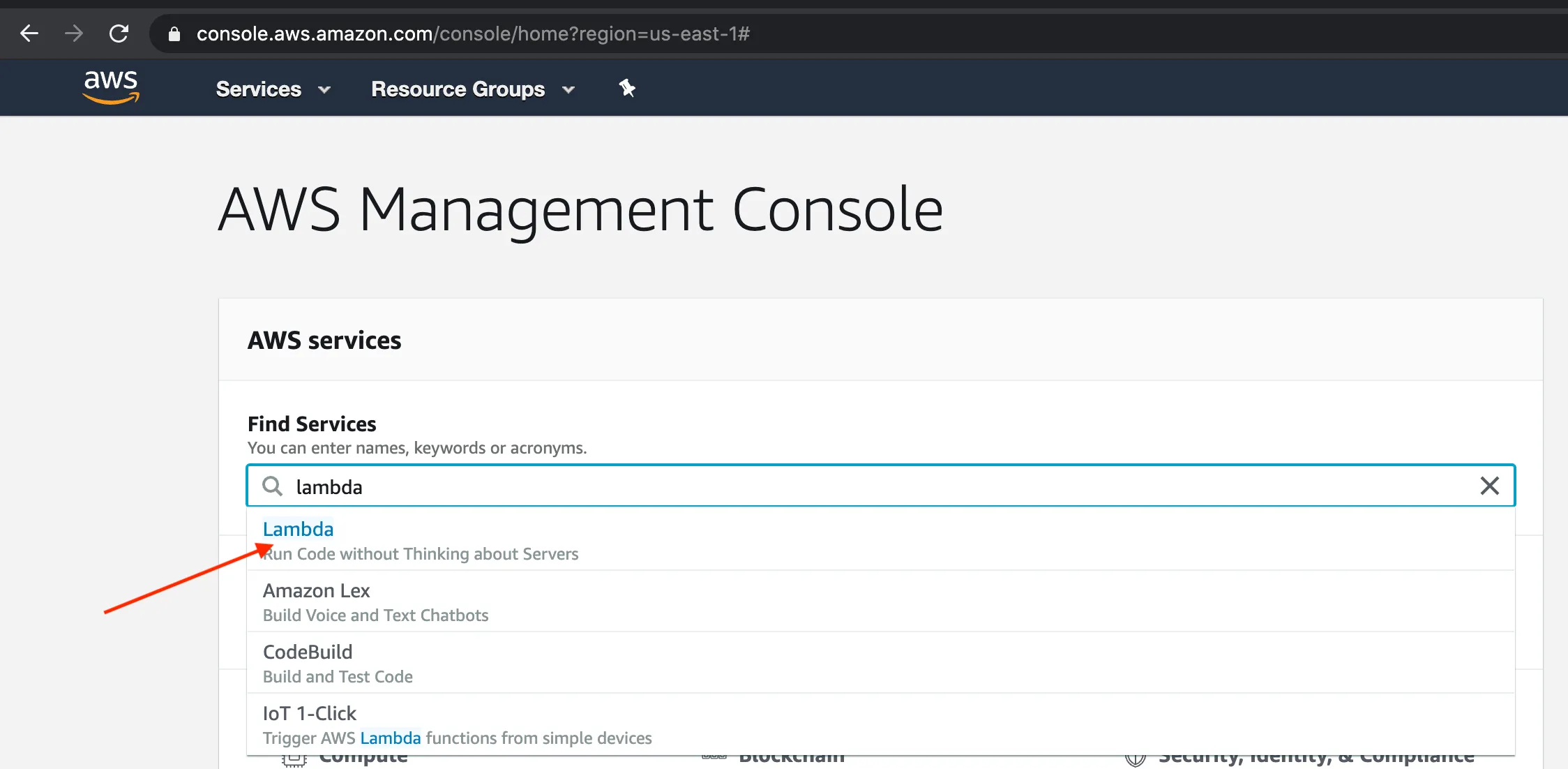 Step 3: Selecting Lambda Function service in AWS Console