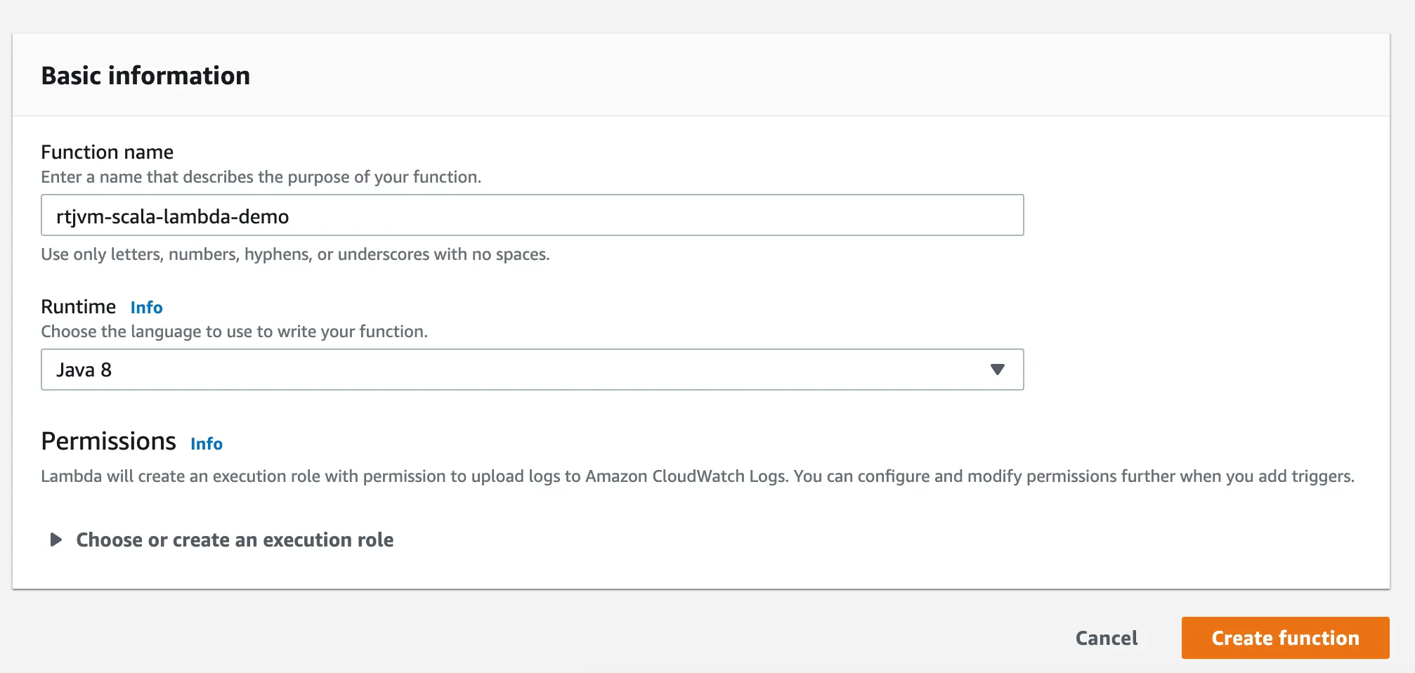 Step 5: Creating Lambda Function with options such as name and runtime